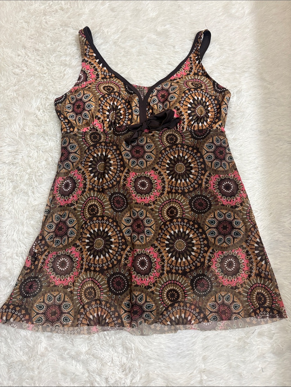 New In Packaging Century Star Brown Elegant V-Neck Mesh Swim Dress Size XL